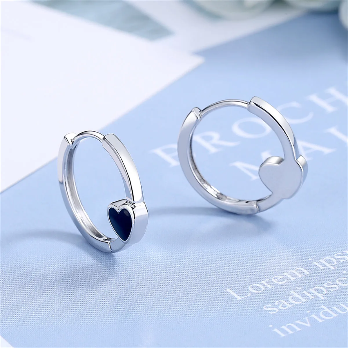 Black Enamel & Silver-Plated Heart Huggie Earrings