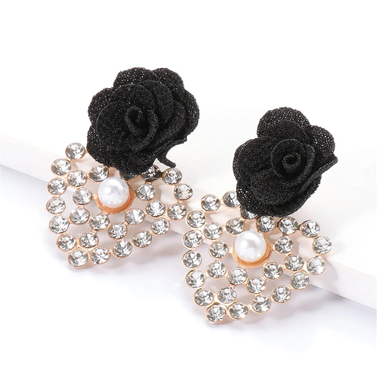 Black Lace & Cubic Zirconia Flower Drop Earrings