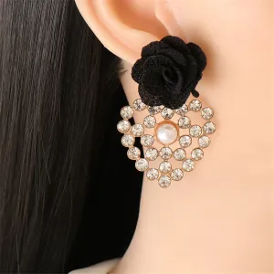 Black Lace & Cubic Zirconia Flower Drop Earrings
