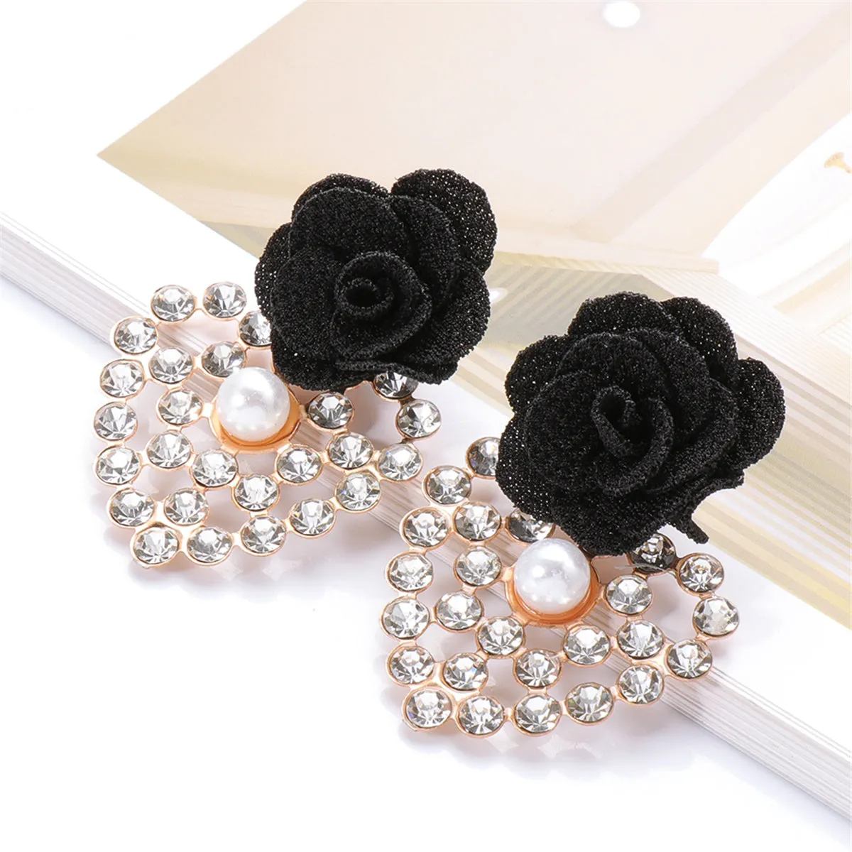 Black Lace & Cubic Zirconia Flower Drop Earrings