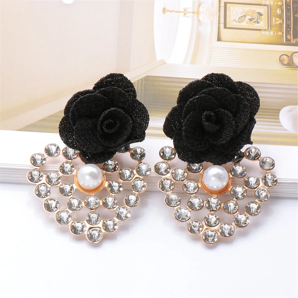 Black Lace & Cubic Zirconia Flower Drop Earrings