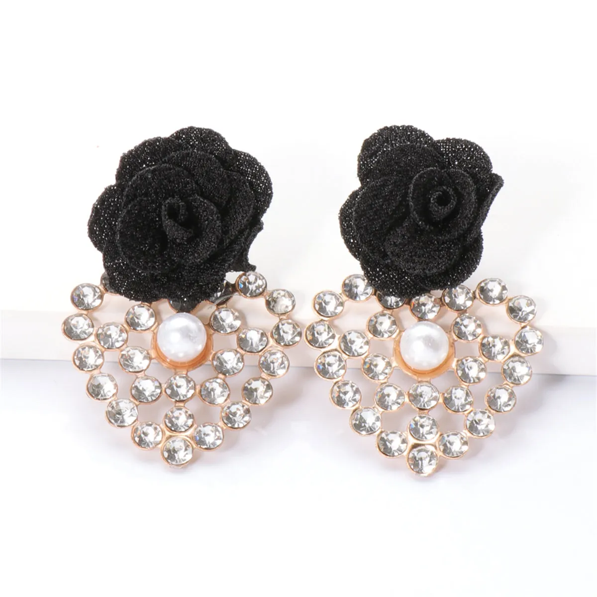 Black Lace & Cubic Zirconia Flower Drop Earrings