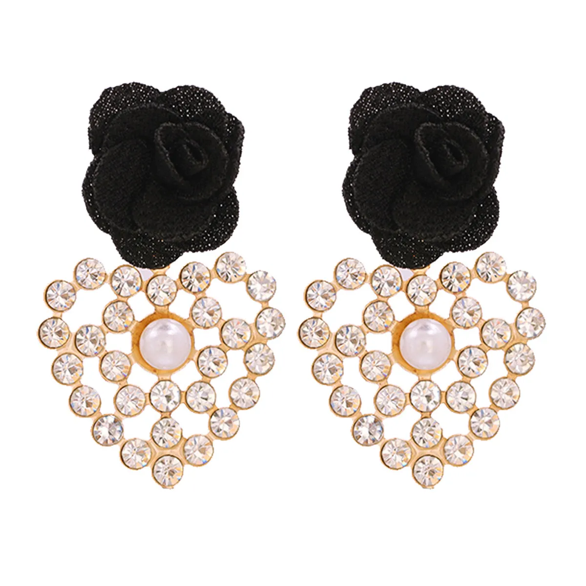 Black Lace & Cubic Zirconia Flower Drop Earrings