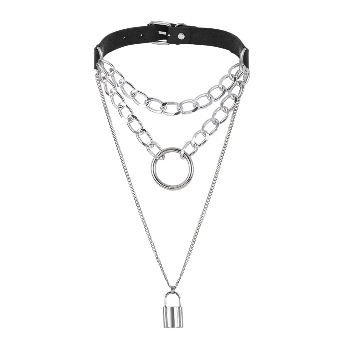 Black Polystyrene & Silver-Plated Layered Padlock Pendant Necklace