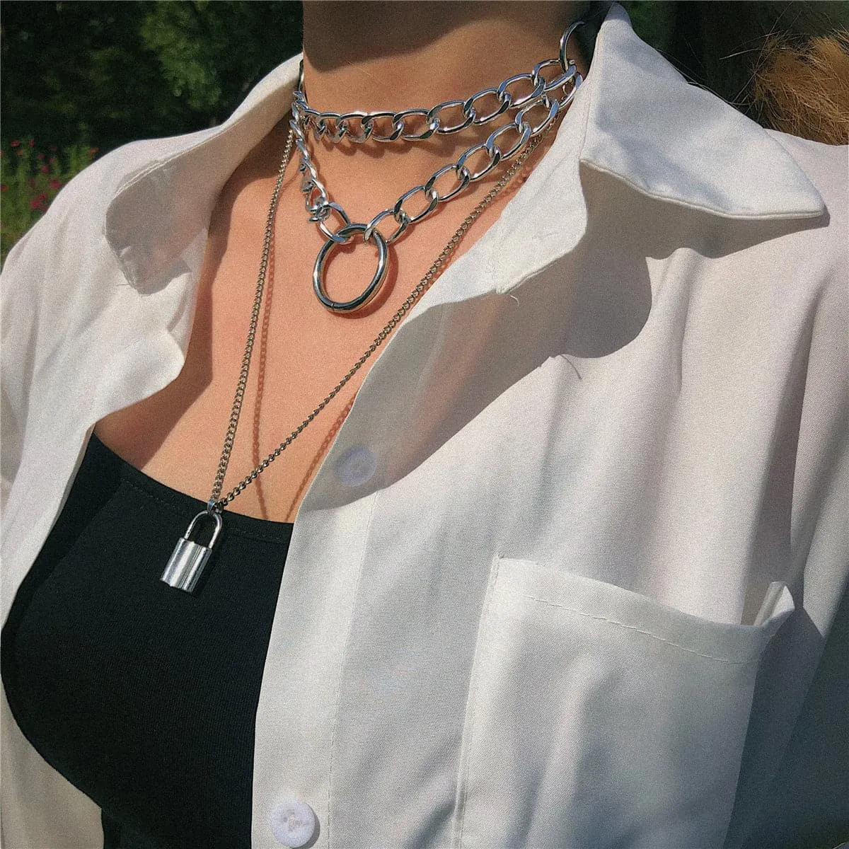Black Polystyrene & Silver-Plated Layered Padlock Pendant Necklace