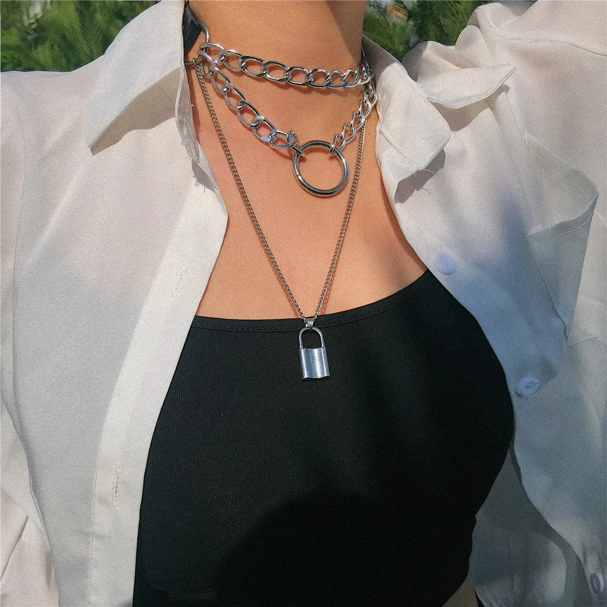 Black Polystyrene & Silver-Plated Layered Padlock Pendant Necklace