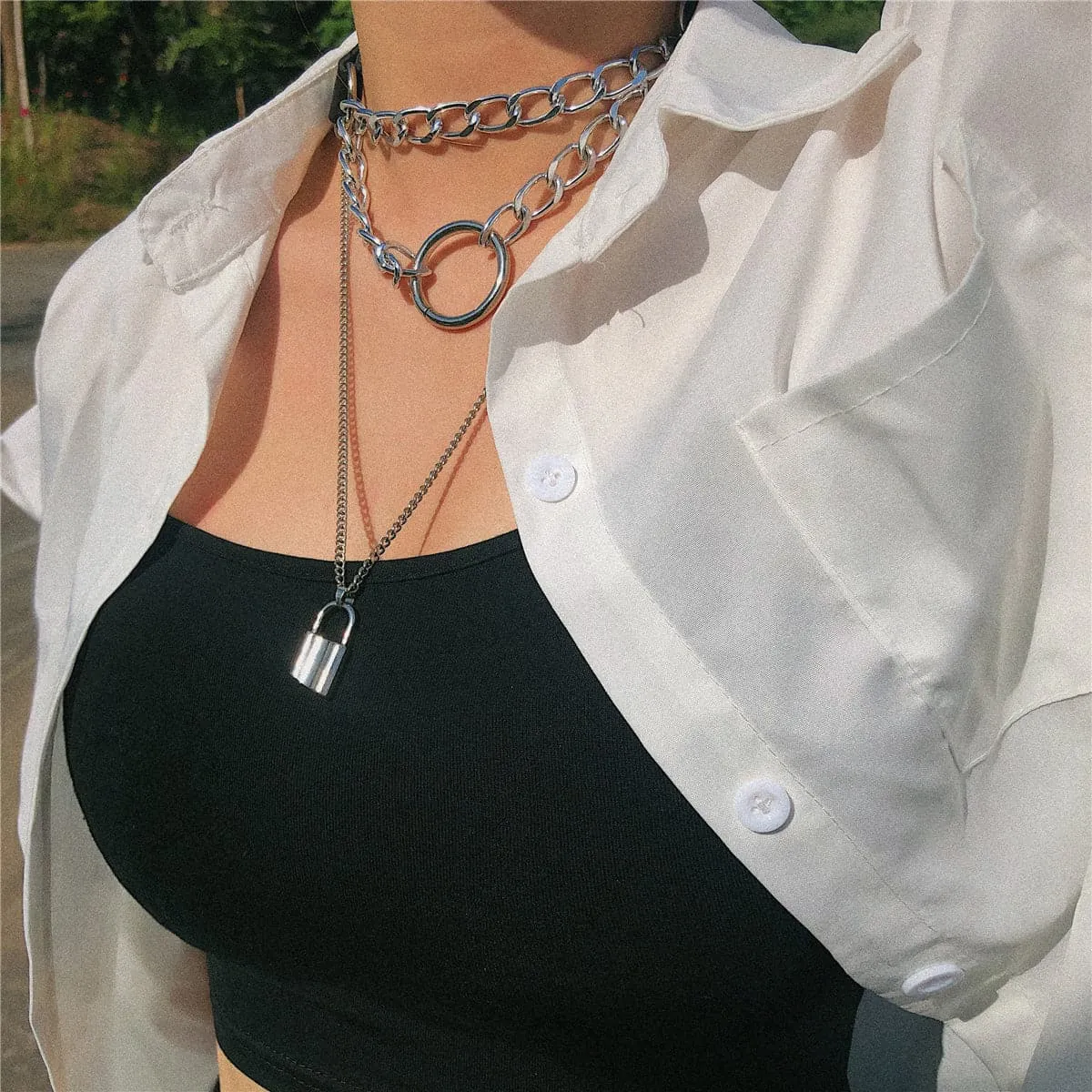 Black Polystyrene & Silver-Plated Layered Padlock Pendant Necklace