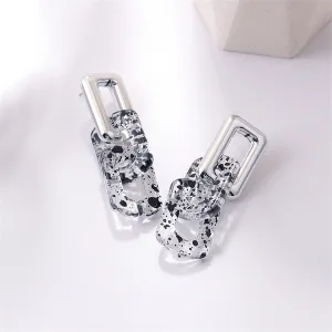 Black Resin & Silver-Plated Spot Rectangle Drop Earring