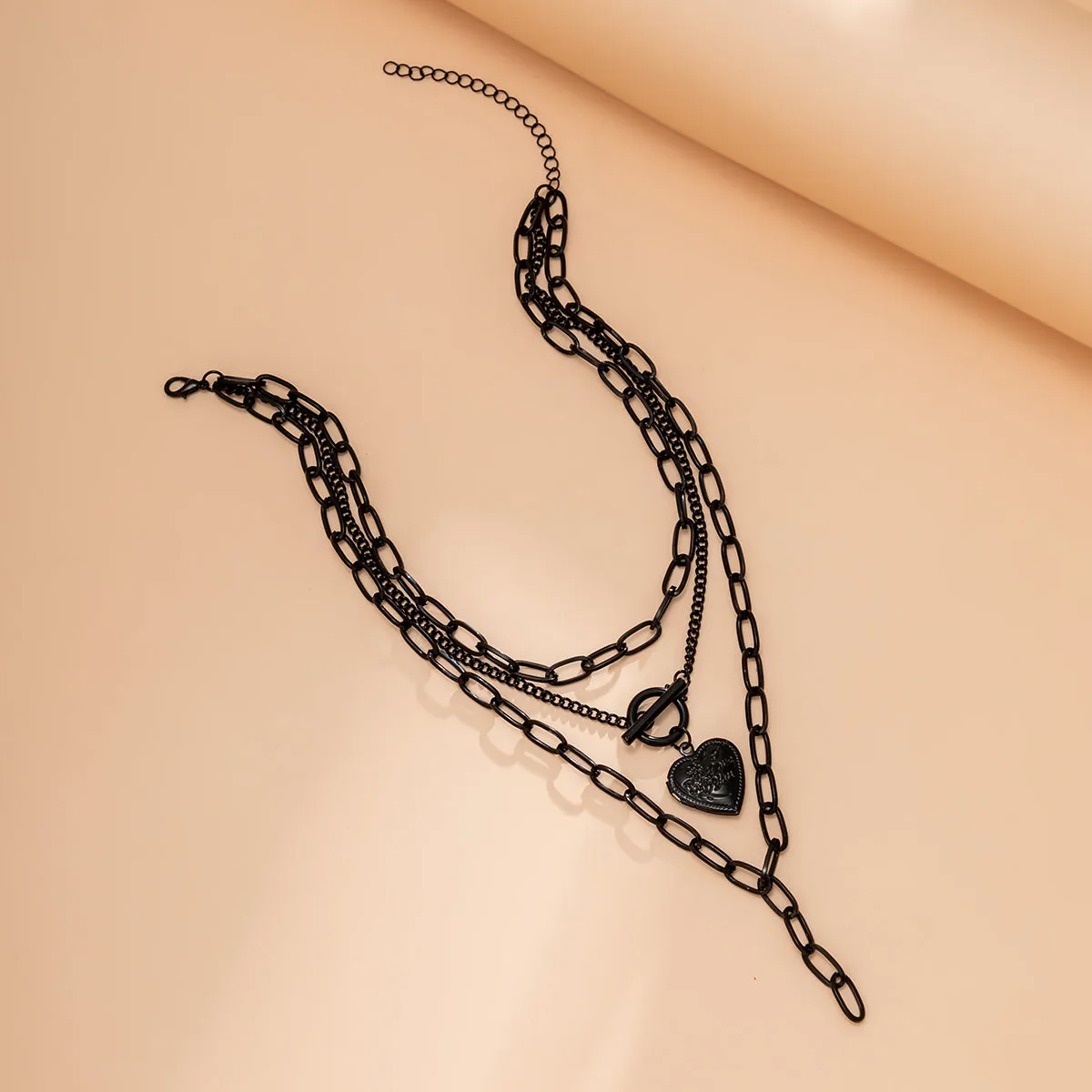 Black Rose Heart Pendant Layered Necklace