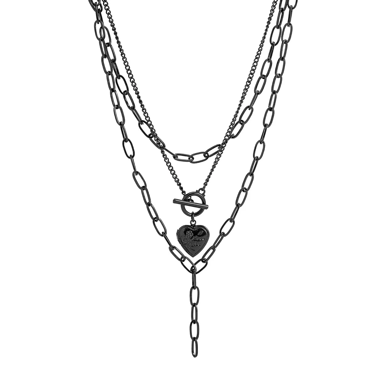 Black Rose Heart Pendant Layered Necklace