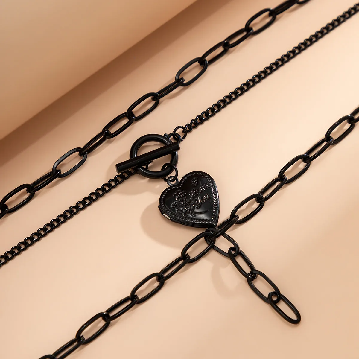 Black Rose Heart Pendant Layered Necklace