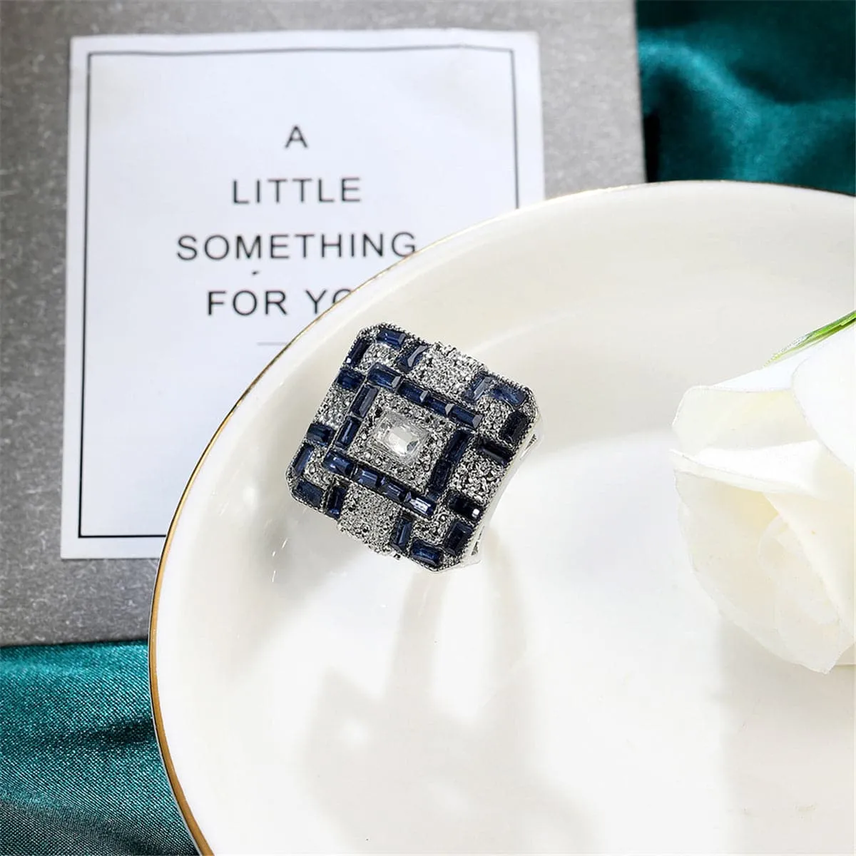 Blue Crystal & Cubic Zirconia Square Block Ring