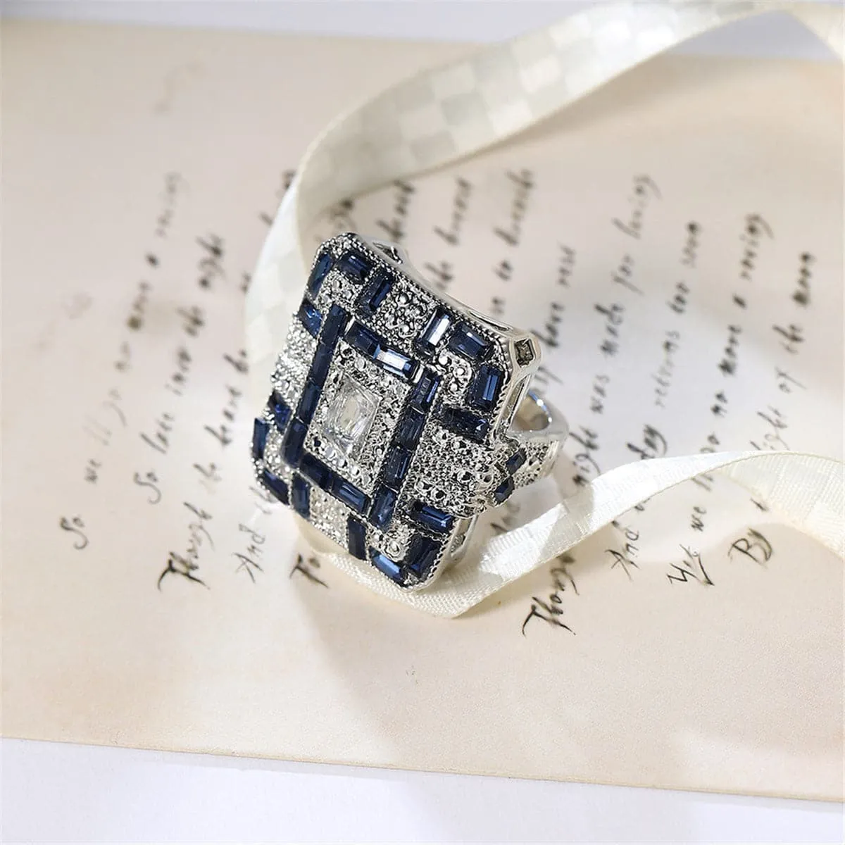 Blue Crystal & Cubic Zirconia Square Block Ring