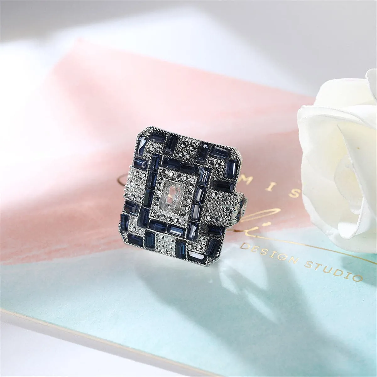 Blue Crystal & Cubic Zirconia Square Block Ring