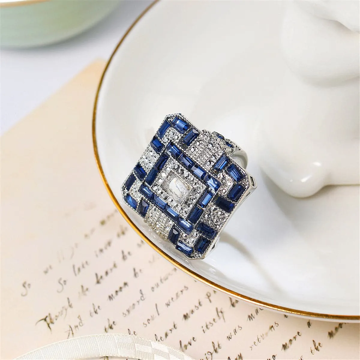Blue Crystal & Cubic Zirconia Square Block Ring