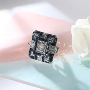 Blue Crystal & Cubic Zirconia Square Block Ring
