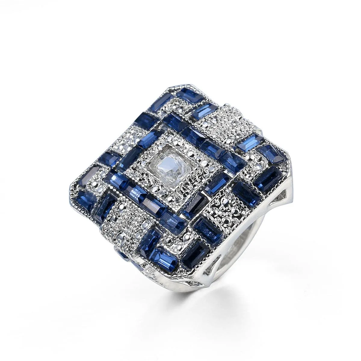 Blue Crystal & Cubic Zirconia Square Block Ring