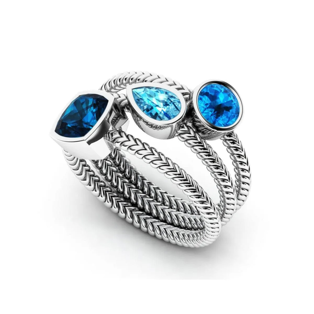 Blue Crystal & Silver-Plated Braided Ring - Set Of Three