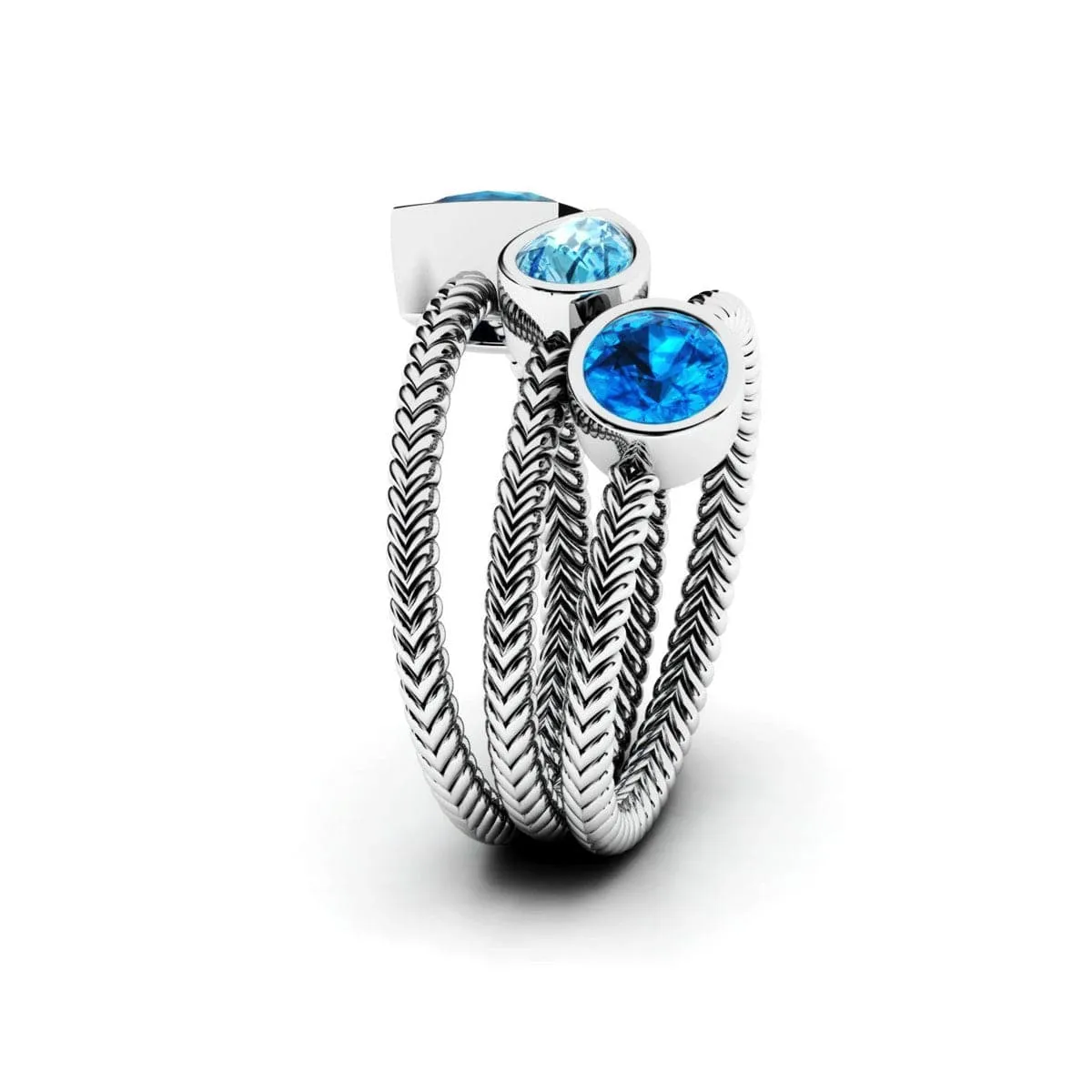 Blue Crystal & Silver-Plated Braided Ring - Set Of Three