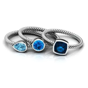 Blue Crystal & Silver-Plated Braided Ring - Set Of Three