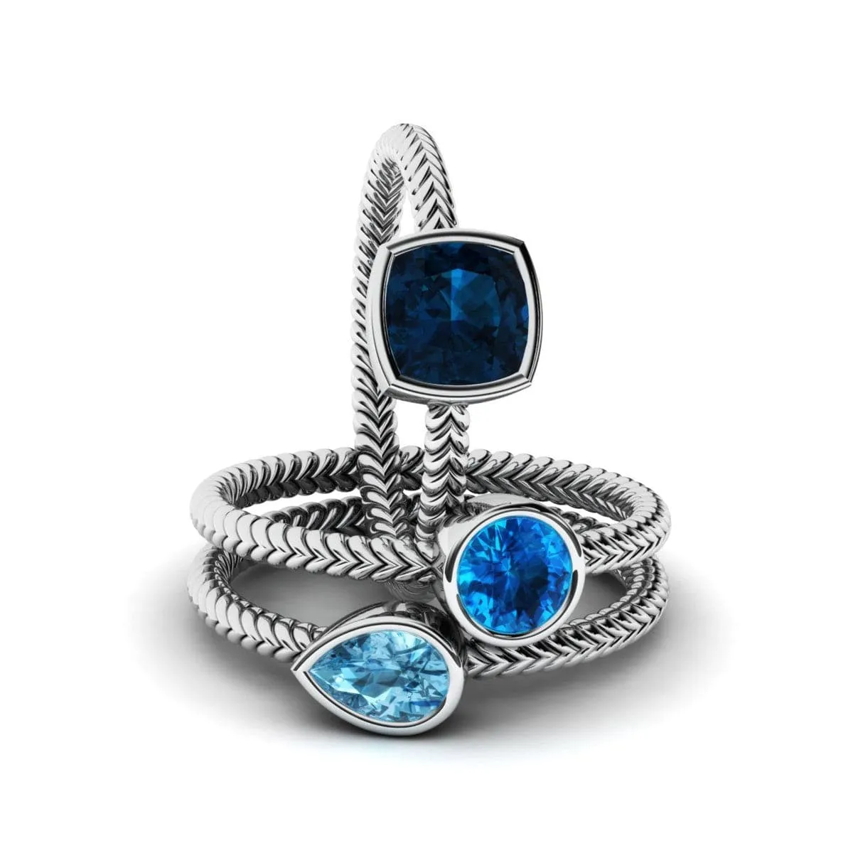 Blue Crystal & Silver-Plated Braided Ring - Set Of Three