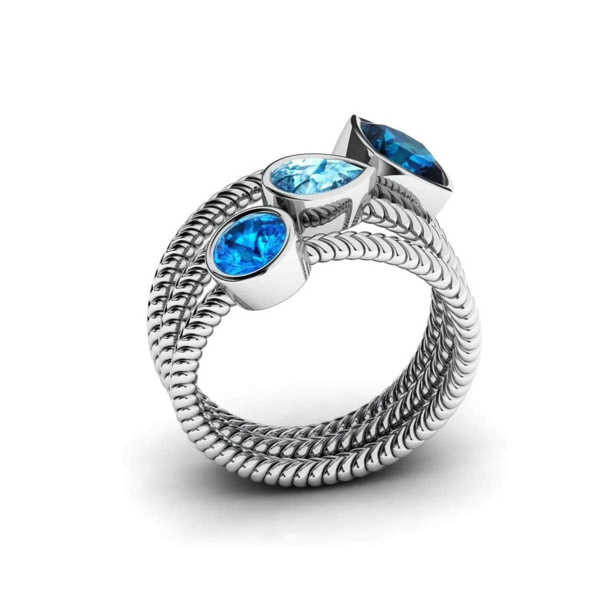Blue Crystal & Silver-Plated Braided Ring - Set Of Three