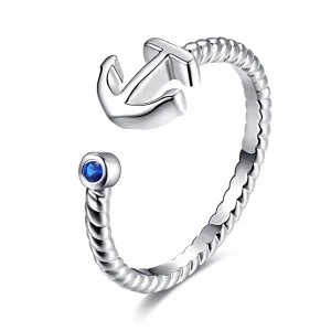 Blue Cubic Zirconia & Silver-Plated Anchor Open Ring