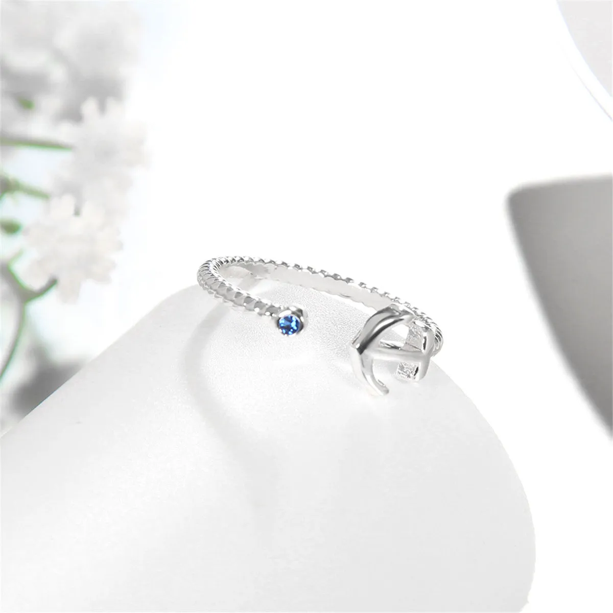 Blue Cubic Zirconia & Silver-Plated Anchor Open Ring