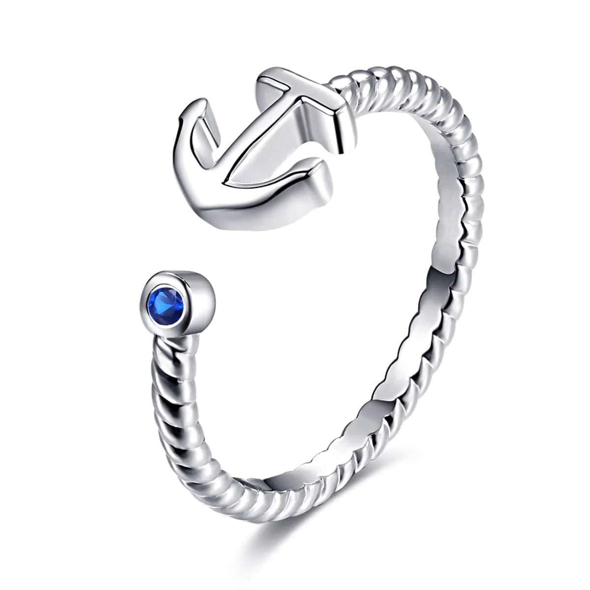 Blue Cubic Zirconia & Silver-Plated Anchor Open Ring