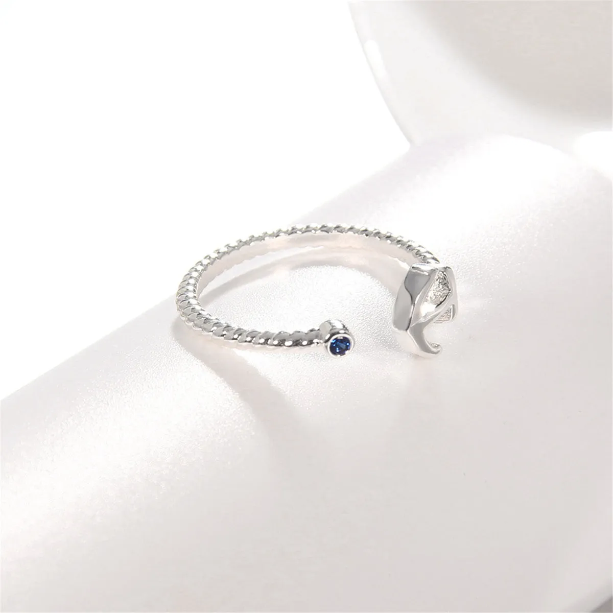 Blue Cubic Zirconia & Silver-Plated Anchor Open Ring