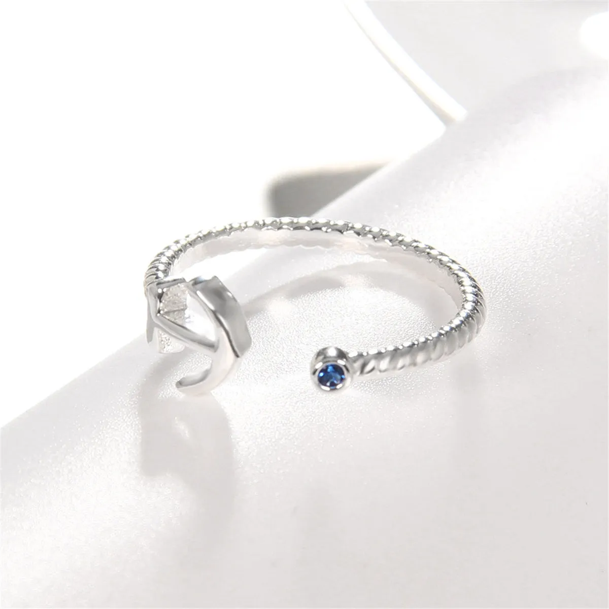 Blue Cubic Zirconia & Silver-Plated Anchor Open Ring