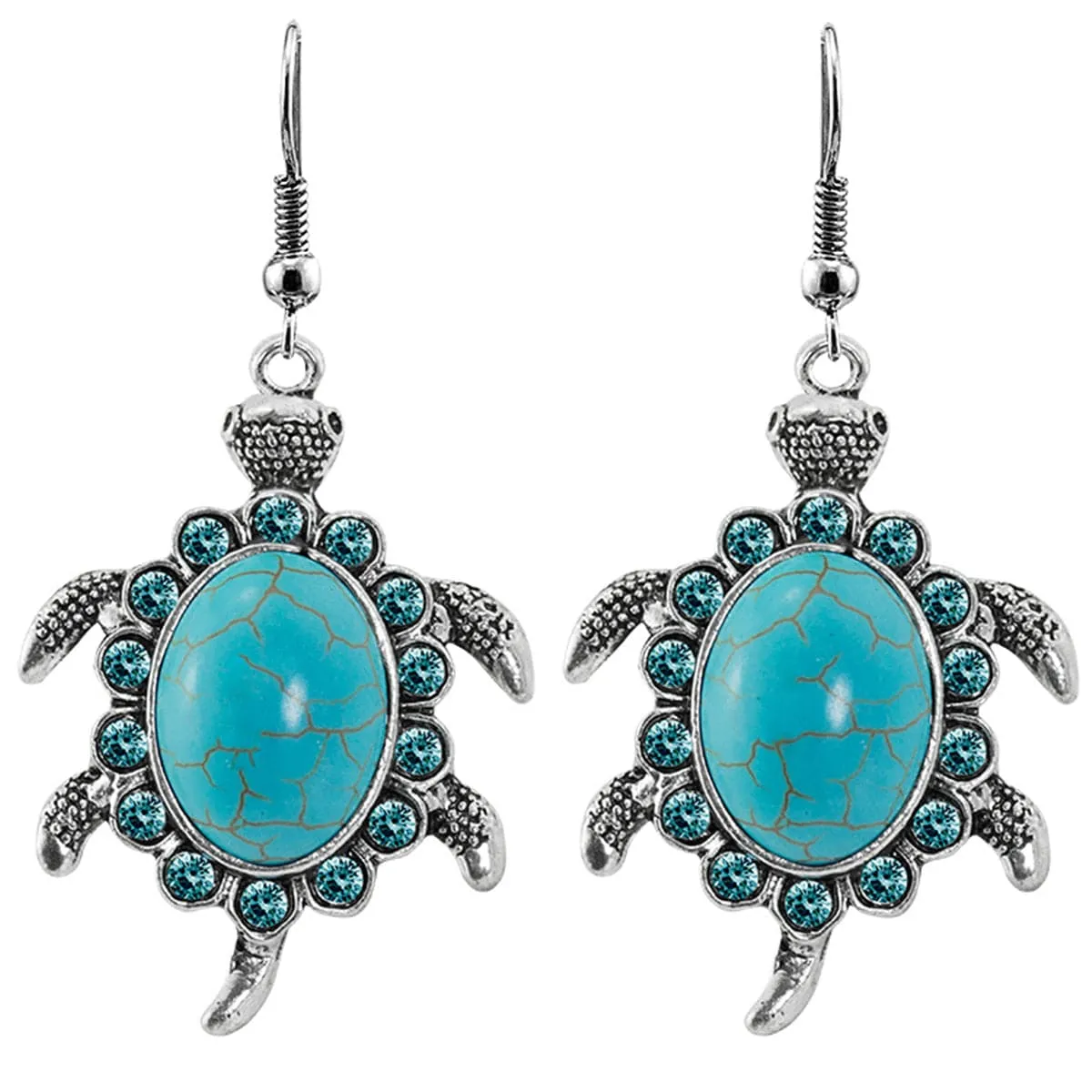 Blue Cubic Zirconia & Turquoise Sea Turtle Drop Earrings