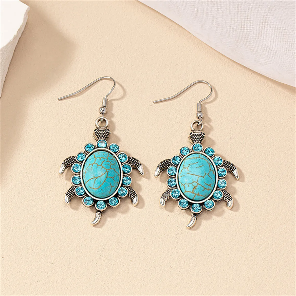 Blue Cubic Zirconia & Turquoise Sea Turtle Drop Earrings