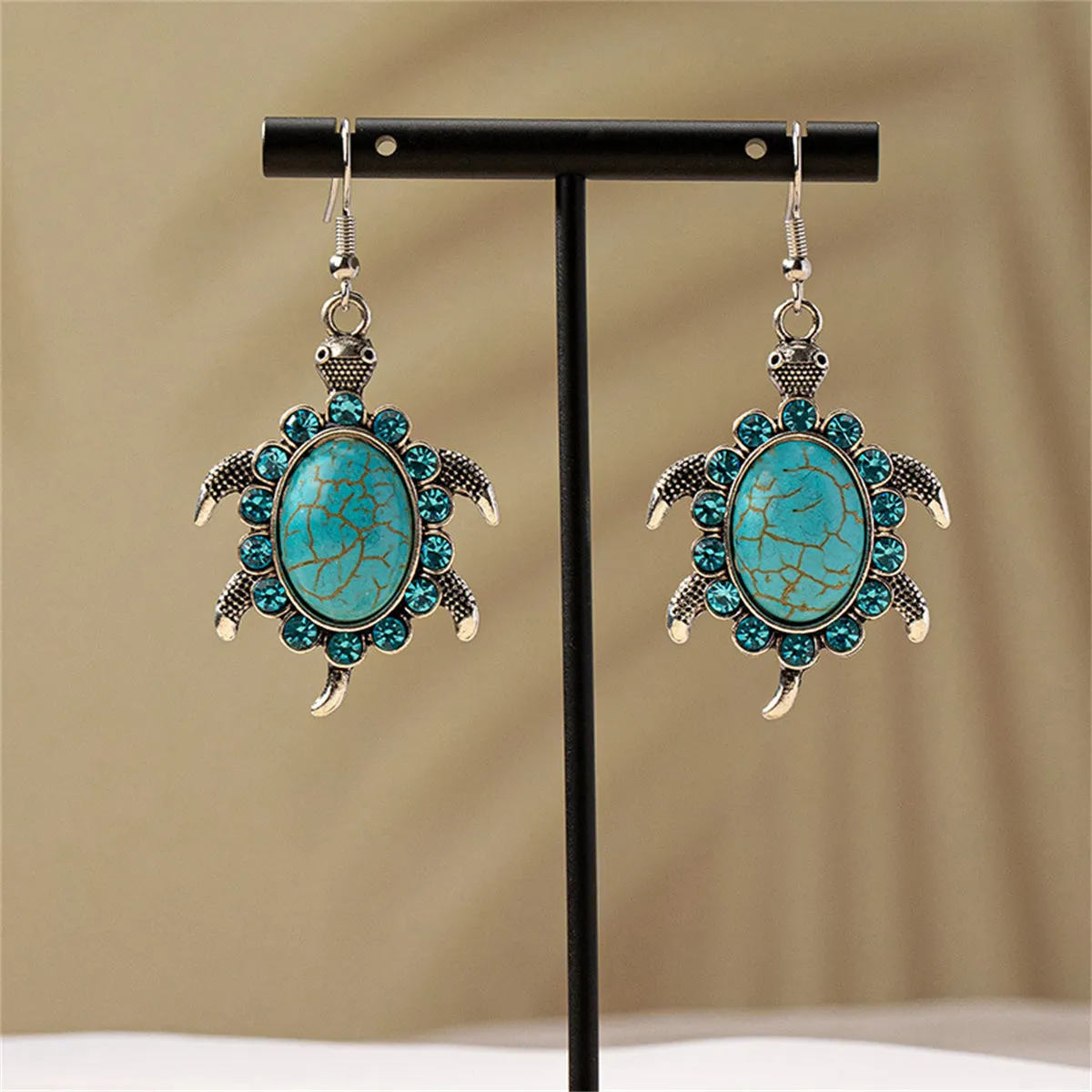 Blue Cubic Zirconia & Turquoise Sea Turtle Drop Earrings