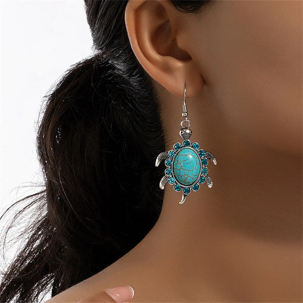 Blue Cubic Zirconia & Turquoise Sea Turtle Drop Earrings