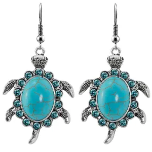 Blue Cubic Zirconia & Turquoise Sea Turtle Drop Earrings