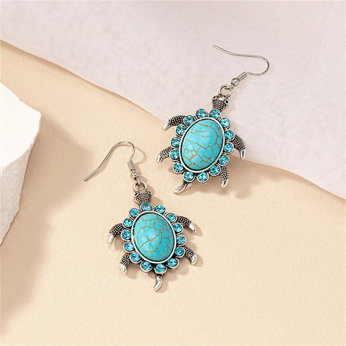 Blue Cubic Zirconia & Turquoise Sea Turtle Drop Earrings