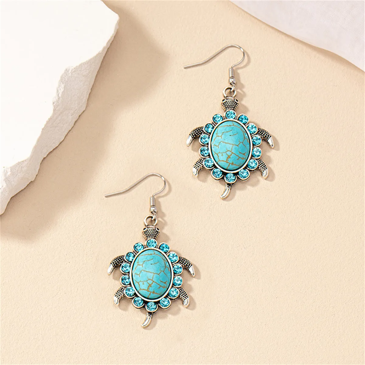 Blue Cubic Zirconia & Turquoise Sea Turtle Drop Earrings