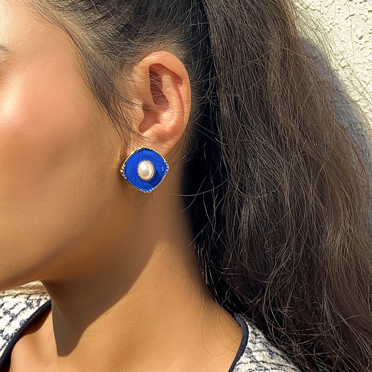 Blue Enamel & Pearl 18K Gold-Plated Rhombus Stud Earrings