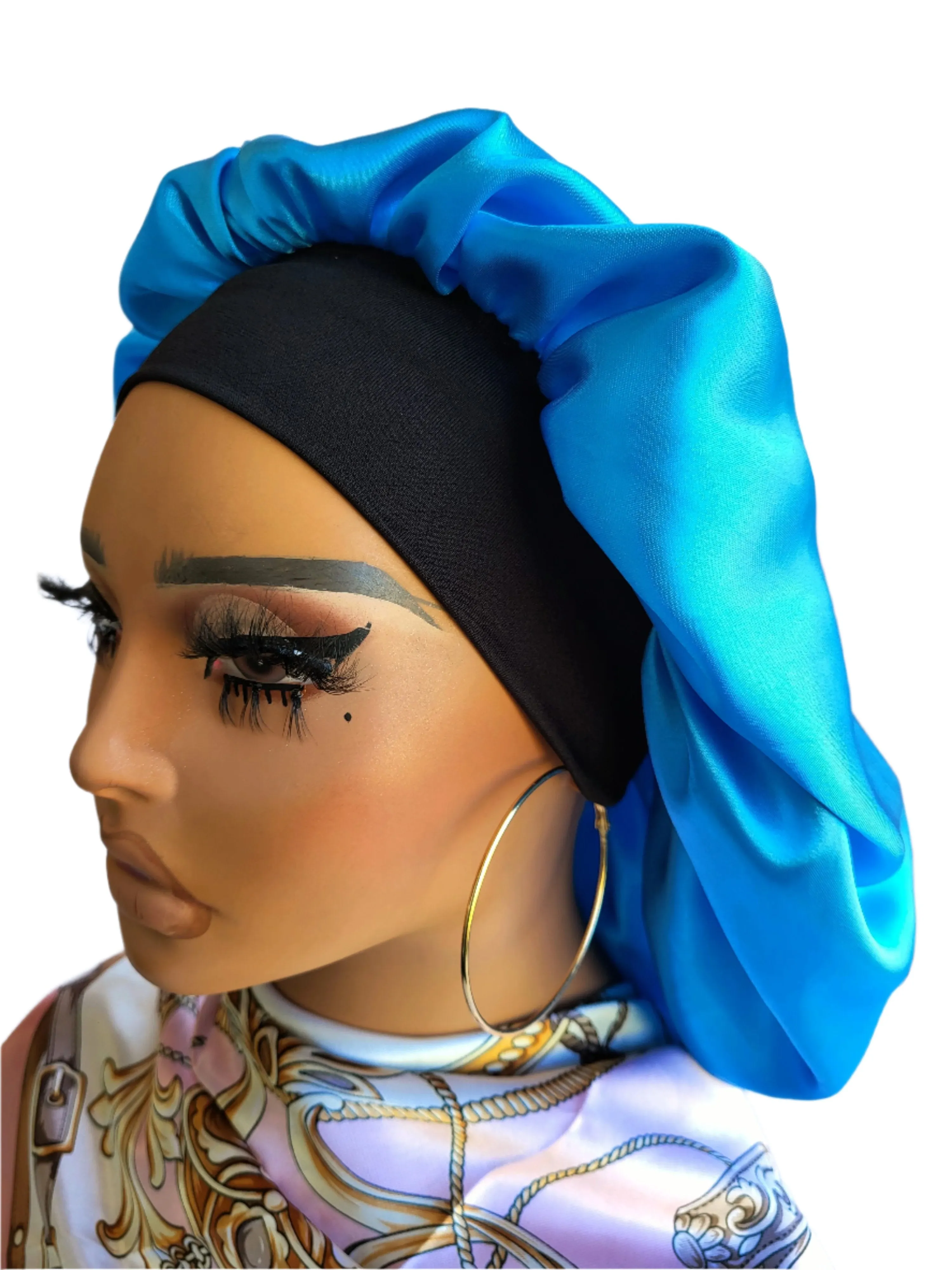 BLUE Wide Band Single Layer Jumbo Satin Bonnet