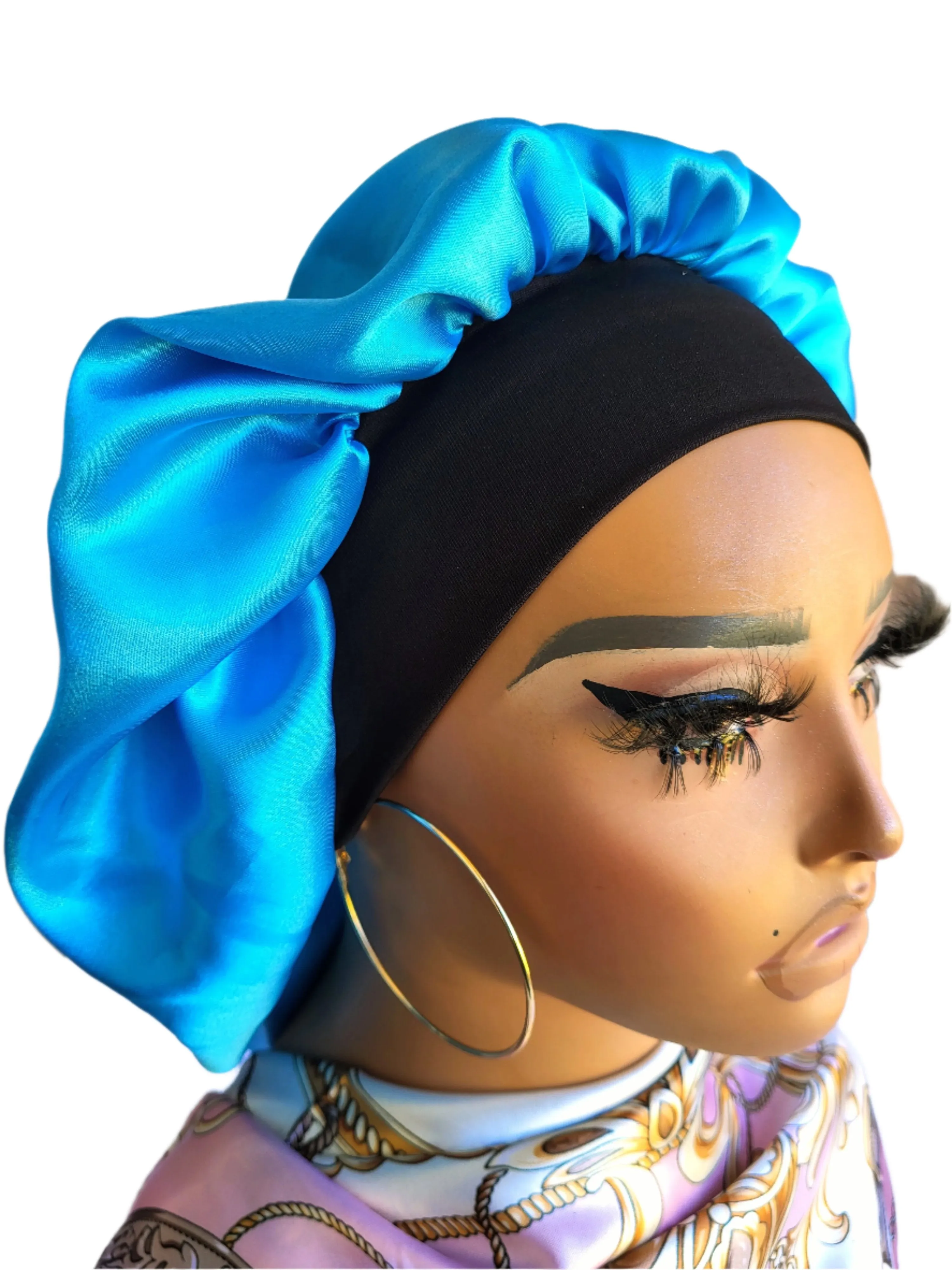 BLUE Wide Band Single Layer Jumbo Satin Bonnet