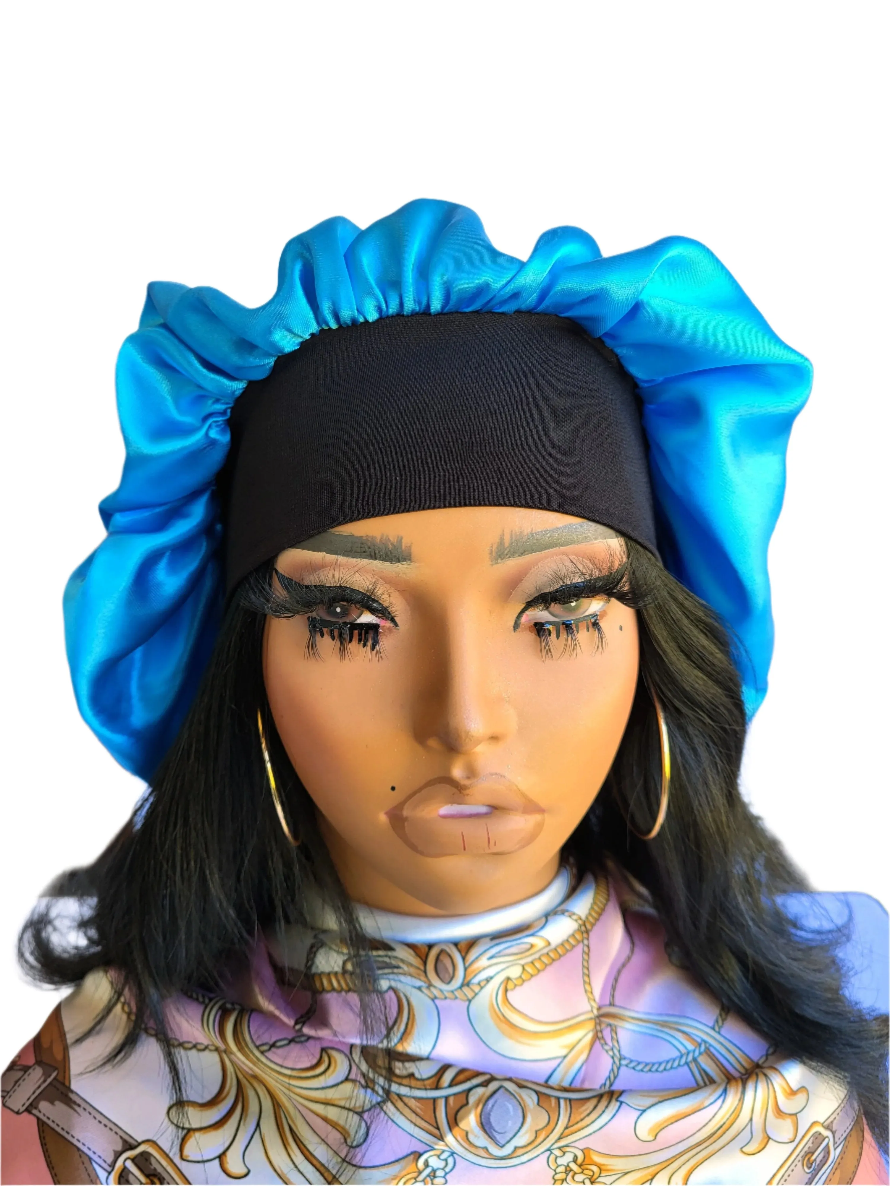 BLUE Wide Band Single Layer Jumbo Satin Bonnet