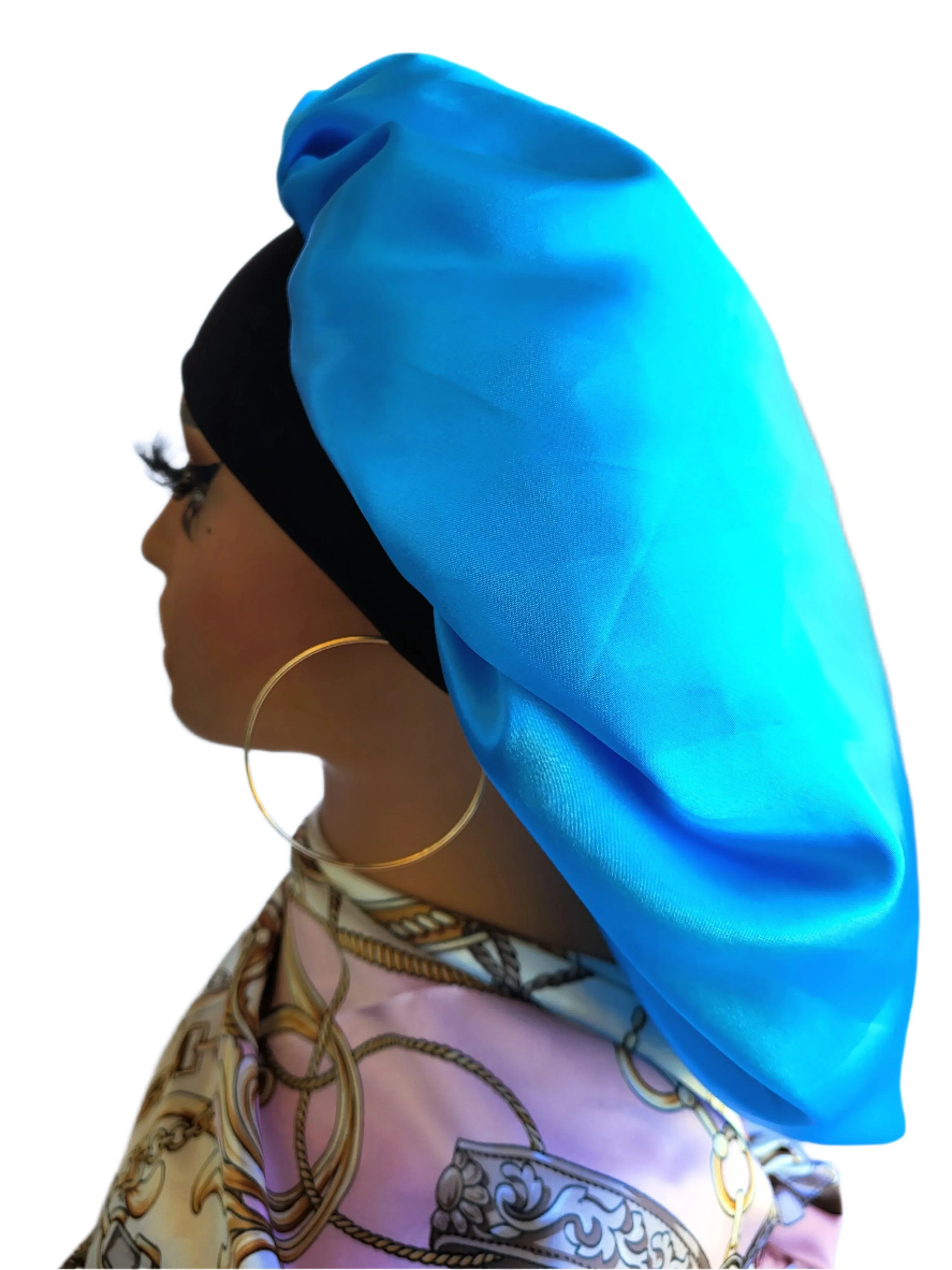 BLUE Wide Band Single Layer Jumbo Satin Bonnet