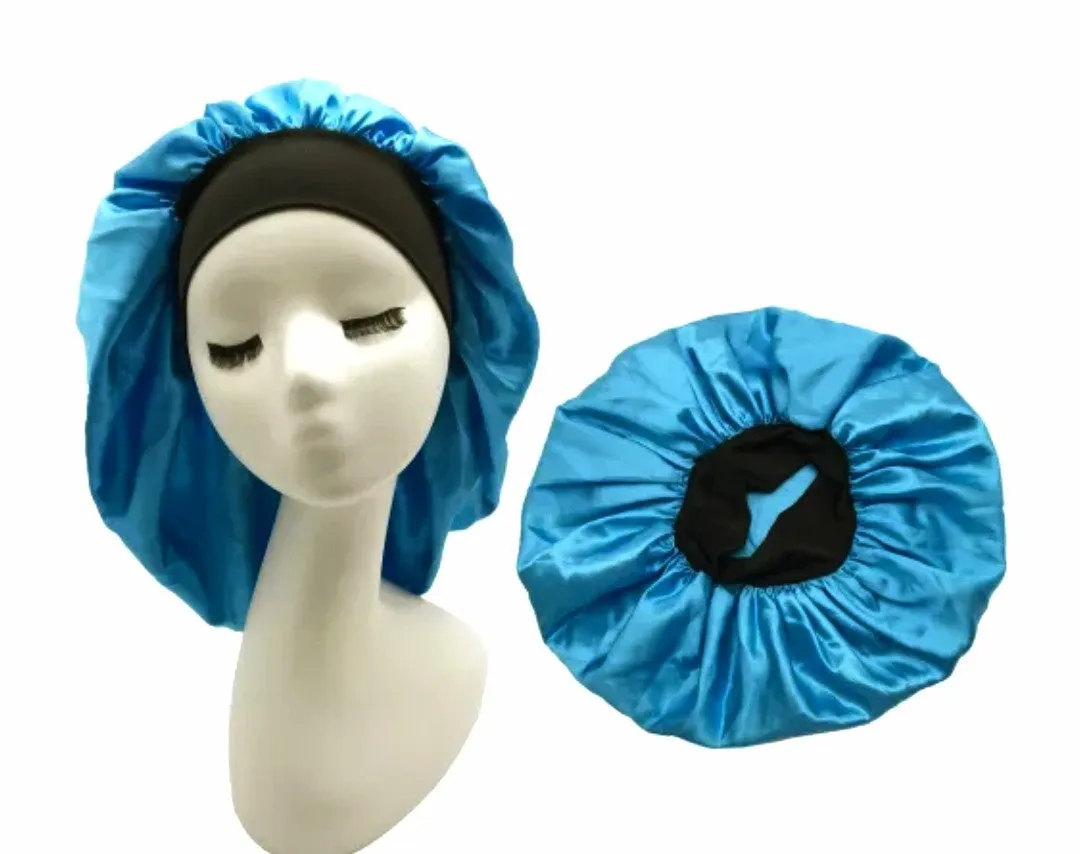 BLUE Wide Band Single Layer Jumbo Satin Bonnet
