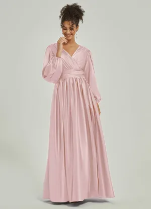 Blush Satin 3/4 Long Slit Sleeve V-Neck Slit Pleated Bridesmaid Dress