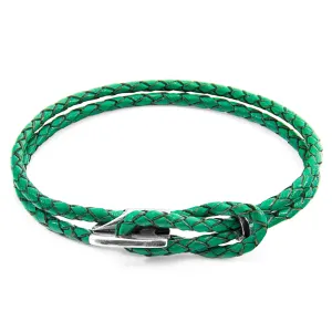 Braided Leather & Silver Fern Green Bracelet