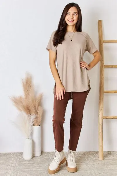 Brittany Waffle Short Sleeve Slit High-Low T-Shirt - Online Exclusive