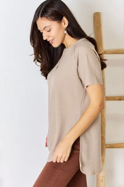 Brittany Waffle Short Sleeve Slit High-Low T-Shirt - Online Exclusive