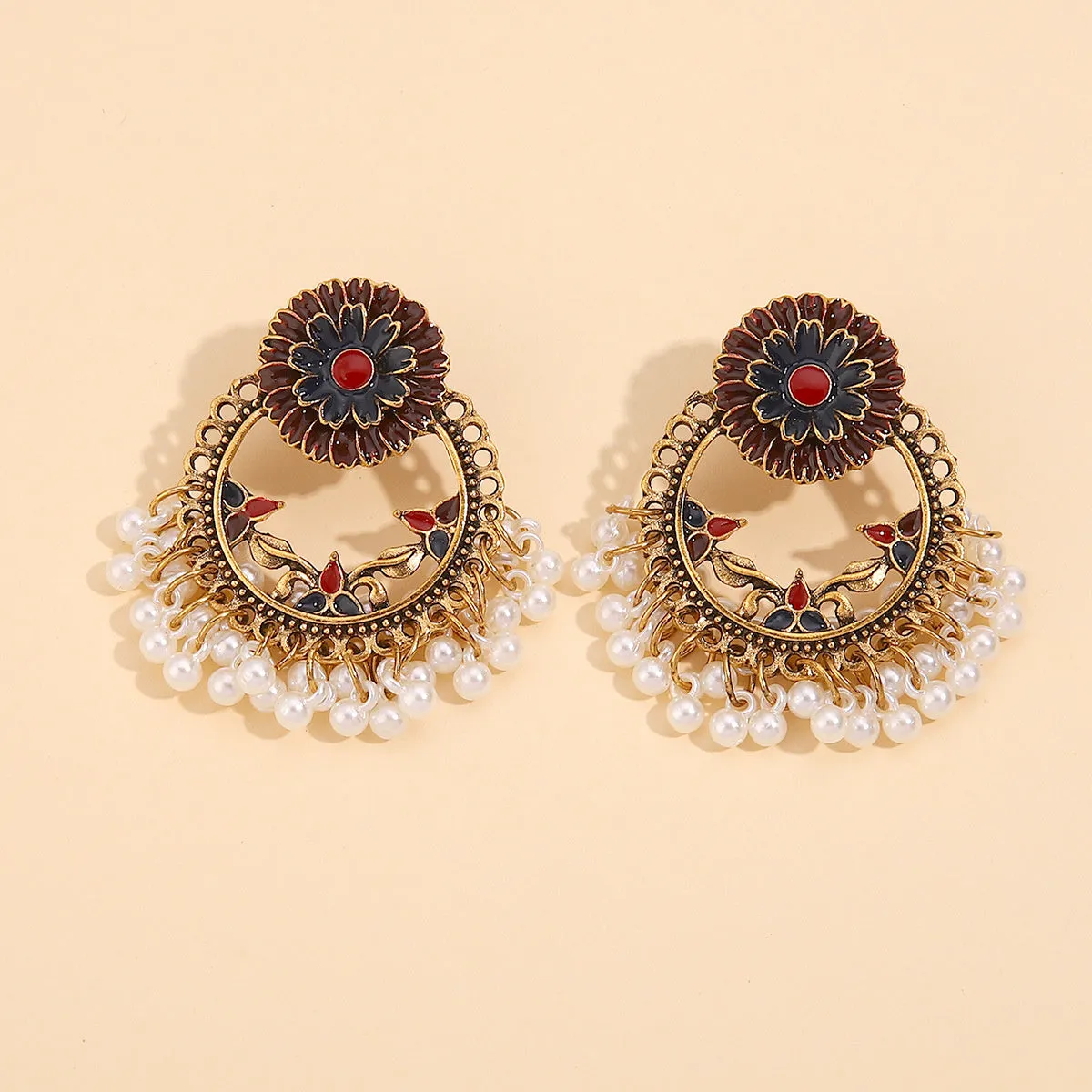 Brown Enamel & Pearl 18K Gold-Plated Floral Wreath Drop Earrings