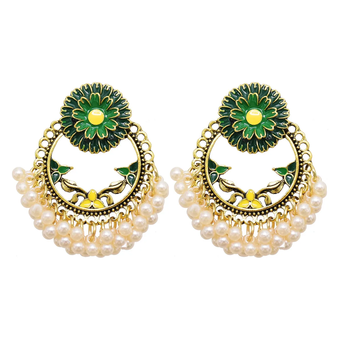 Brown Enamel & Pearl 18K Gold-Plated Floral Wreath Drop Earrings